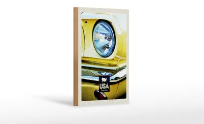 Produktbild von Holzschild Reise 12x18 cm Amerika Oldtimer Scheinwerfer gelb