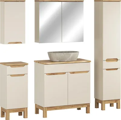 Produktbild von Badmöbel-Set 5-teilig mit 80 cm Waschtisch & Spiegelschrank in kaschmir und Eiche mit Baumkantenoptik, modern grifflos - SOLNA-56-CASHMERE