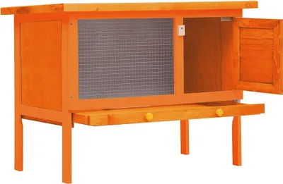 An orange wooden rabbit hutch with a wire mesh front and an open door.