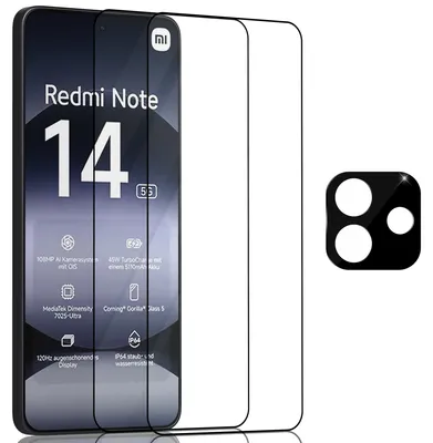 Obrázek produktu pro 2-balení Xiaomi Redmi Note 14 Ochranné sklo na displej & 1-balení ochrana objektivu - Tvrzené sklo 9H - Super kvalita 3D