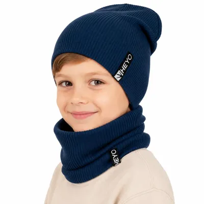 Produktbild von HEYO Kinder Beanie Mütze und Schlauchschal Set aus Baumwolle gerippt– Übergangsmütze für Frühling Herbst weich & elastisch Dunkelblau
