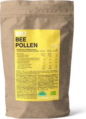 A brown paper bag with a yellow label containing product information.