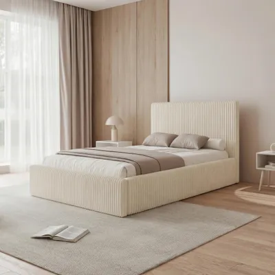 Produktbild von Polsterbett BONZO 160x200 Ecru Grobcord mit Bettkasten & Lattenrost Cordstoff