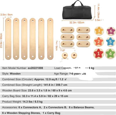 Produktbild von Kinder-Balancebalken, 6 Holztrittsteine, Tragfähigkeit 180 lbs, Altersgruppe 2-6 Jahre, 6Stück