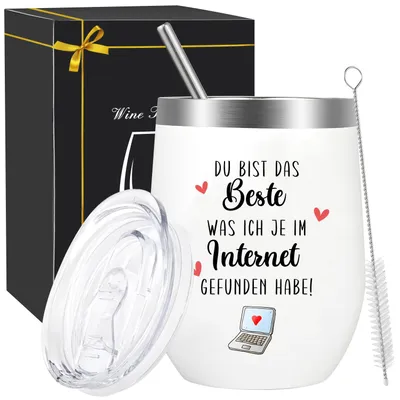 Thermobecher 350 ml Edelstahl mit Freundschaftsspruch, Deckel, Strohhalm