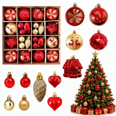 Weihnachtskugeln 40er Set, 6 cm, rot-gold, Kunststoff, glänzend
