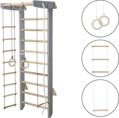 A children's indoor climbing frame with various attachments, shown against a white background.