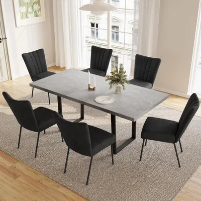 Obrázok produktu pre Rozťahovací jedálenský stôl s 6 stoličkami, dĺžka 130-170 cm, šírka 85 cm, výška 76 cm, farba: čierna, materiál: MDF