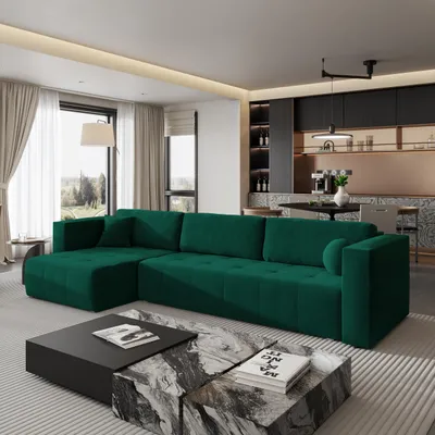 Produktbild von Masseno Ecksofa OLVERA mit Schlaffunktion L-Form, Sofa mit Bettkasten, Wohnzimmersofa, Couch, Soffa, Bettsofa, Couchgarnitur- Grün, KRONOS 19