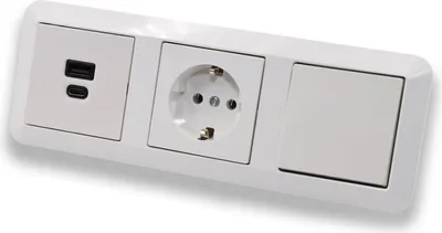 Produktbild von EBROM USB-C und USB-A Unterputz Steckdose 45+15 Watt Leistung Schnellladefunktion für Wearables Smartphones Tablets + Merten Tastschalter MEG3150-0000 + Steckdose MEG2301-0319 System M polarweiß