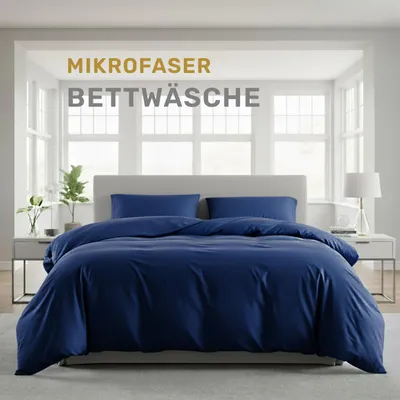 Produktbild von Lavea® Bettwäsche 220x240 cm, 3-teilig, 1 Bettbezug 220x240 cm, 2 Kissenbezüge 80x80 cm, Mikrofaser, weich, atmungsaktiv, hypoallergen, Markenreißverschluss, Bettwäsche-Sets Navyblau