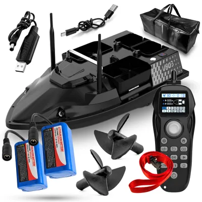 Zdjęcie produktu dla Łódka Zanętowa GOMEDIA V803 GPS 4 Podajniki 3kg Pilot 500m 15km/h 2 Baterie