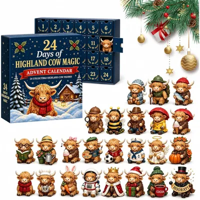 Productafbeelding van Highland Cow adventskalender met 24 figuurtjes, mini-figuren kerst countdown, kerstsversiering in landhuisstijl, beste cadeau