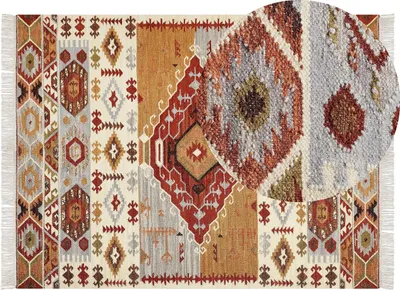 Produktbild von BELIANI Kelim-Teppich Mehrfarbig Wolle und Baumwolle 160 x 230 cm mit Fransen Geometrischem Muster Handgewebt Boho für Fußbodenheizung Geeignet
