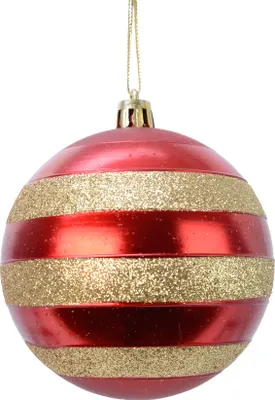 Produktbild von Weihnachtskugeln Kunststoff 8cm Streifen 12er Set - Weihnachtsrot