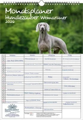 Produktbild von Hundezauber Weimaraner Planer Familienplaner 4 Spaltenplaner DIN A3 Kalender für 2026 Welpen und Hunde - Seelenzauber