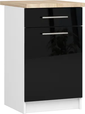 Produktbild von Küchenschrank AKORD LIMA modular S50 Unterschrank mit Arbeitsplatte Weiß 50 cm Tür Schublade 2 Ebenen Front Schwarz Hochglanz B50 x H85 x T46 cm