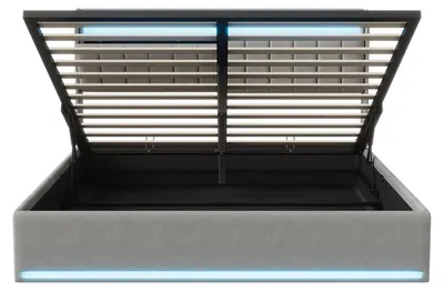 Image de Lit rembourré avec rangement - Sommier 140 x 190 cm - Système de levage hydraulique - Tête de lit à LED - Revêtement en velours - Station de recharge USB - Gris