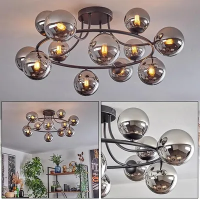 Immagine prodotto di Lampada a soffitto Chehalis, lampada a 12 luci in metallo/vetro, finitura nera/cromata/fumé, design retrò/vintage (paralumi di circa 10,12 cm), attacco G9, ideale per sala da pranzo, soggiorno, cucina, corridoio, ufficio