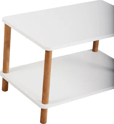 A close-up view of a white, two-tiered coffee table with wooden legs.