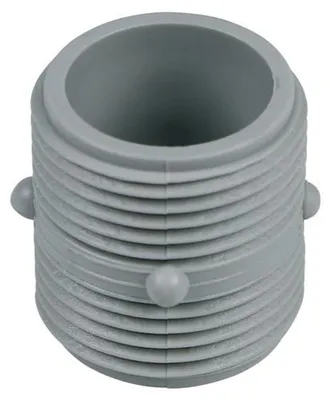 A close-up, studio shot of a gray plastic hose connector with external threads and two small protrusions.