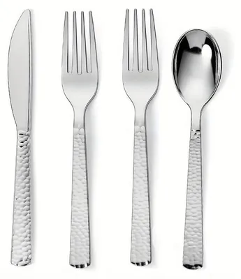 Produktbild von Mehrweg-Plastikbesteck im gehämmerten Design - 30-teiliges Set mit 10 Messern, 10 Gabeln und 10 Löffeln - Silber