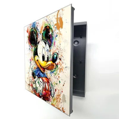 Produktbild von Schlüsselkasten Schwarz Metall, bunte Micky Maus Graffiti Motiv hinter Glas, Moderne Schlüsselbox linksöffnend, 32x28x6,5 cm, 20 Haken für den Flur.