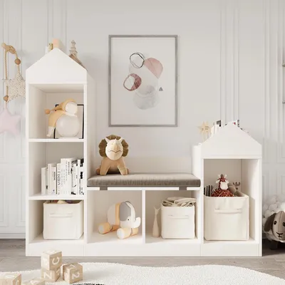 Produktbild von Kinder Bücherregal - Regal mit Leseecke - Spielzeugaufbewahrung - Bank mit Sitzkissen - Für Kinderzimmer, Spielzimmer, Klassenzimmer - Weiß