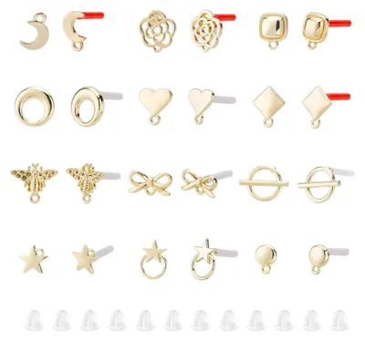 Image de Lot de 12 paires de boucles d'oreilles de différentes formes – Inclut 48 tiges pour boucles d'oreilles avec des anneaux et 48 fermoirs en plastique – Ensemble de 96 pièces
