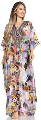 Obrázok produktu pre Sakkas 2001 – Dámske letné šaty s krátkym rukávom, výstrihom do V a kvetinovým vzorom, model kaftan