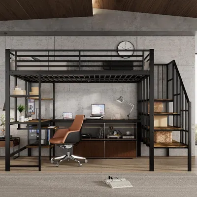 Immagine prodotto di Letto a soppalco 120x200 cm, nero antracite, in ferro, con piano in MDF, dotato di presa di corrente, scala a chiocciola e area studio, ideale per la camera da letto