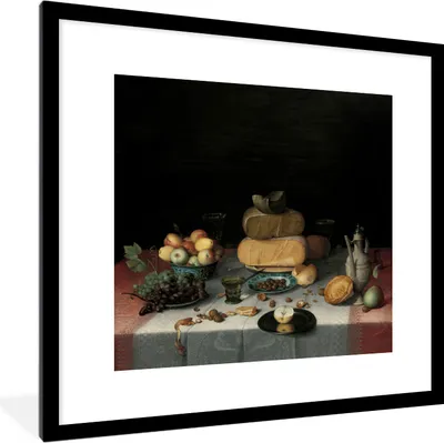 Produktbild von MuchoWow® Gerahmtes Poster Stilleben mit Käse - Kunstwerk - Alte Meister 40x40 cm - Poster mit Schwarzem Bilderrahmen Wandposter Rahmen Foto Bilder - Poster - Plakat im Rahmen