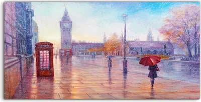 Produktbild von Coloray Glasbild 140x70  Wandbild Glasbilder London Big Ben Frau Regenschirm Regen