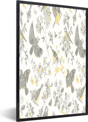 Produktbild von MuchoWow® MuchoWow® Gerahmtes Poster Blumen - Vogel - Blätter 40x60 cm - Poster mit zchwarzem Bilderrahmen - Papierdruck - Wandbilder