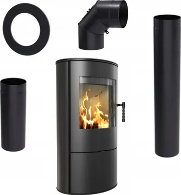 A black steel wood-burning stove with accessories, including a flue pipe and elbow joint, displayed on a white background.