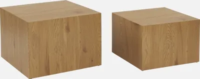 Two square coffee tables with a wood grain texture are shown against a white background.