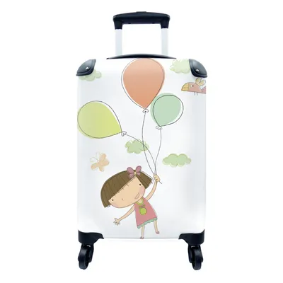 Produktbild von MuchoWow® Koffer Handgepäck Trolley Rollkoffer Kleine Reisekoffer mit 4 Rollen - Eine gezeichnete Illustration eines Mädchens mit Luftballons - Cabin Size < 55x40x23 cm & 55x40x20 cm - Fotokoffer - Kabinenkoffer - Boardgepäck - Reise-Box - Reisekoffer - Reisegepäck - Koffer mit Bild - Trolley für Kinder