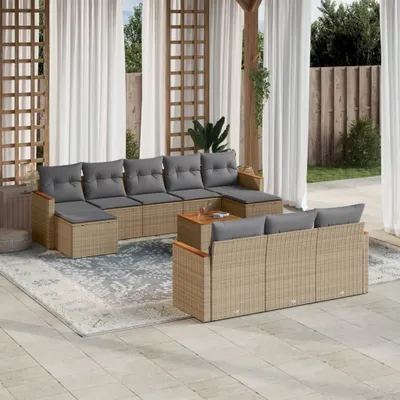 Produktbild von Design 11-tlg. Garten-Sofagarnitur mit Kissen Beige Poly Rattan, Gartenmöbel-Sets 2024 Neu