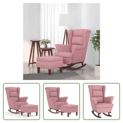 Immagine prodotto di The Living Store Poltrona e sgabello a dondolo con gambe in legno Velluto rosa