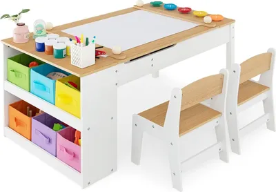 Produktbild von 3 in 1 Kindertisch mit 2 Stühlen aus Holz, Kinder Maltisch mit kippbarer Tischplatte & 6 Stoffboxen & 5 Malbehältern & Papierrolle, Kindersitzgruppe mit Stauraum für Kinderzimmer (Natur)