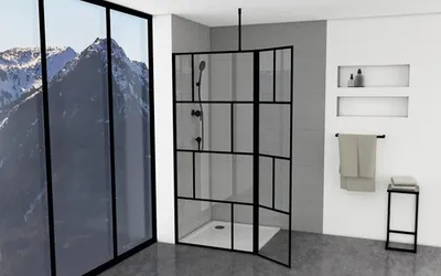 Obrázok produktu pre Sprchová zástena MARWELL v modernom dizajne 90 + 40 x 195 cm - sklenená zástena s matným ?iernym profilom steny - s tvrdeným bezpe?nostným sklom