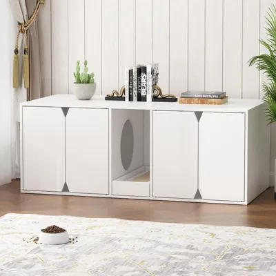 Produktbild von Katzenschrank mit 4 Türn und Abfallbehälter, Katzentoilette, Katzenklo Schrank, Katzenhaus für Große Katzen, Sitzbank, Weiß, MDF, 110 x 43 x 52 cm