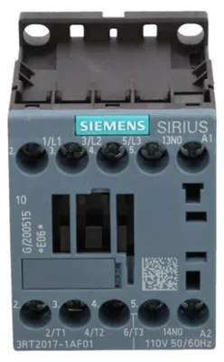 Imagen del producto de Contactador Siemens 3RT2017-1AF01, 3 contactos normalmente abiertos, 690 V/CA, 1 unidad, dimensiones: 58 mm, 50 mm, 61,5 mm, 77,5 mm, peso: 233 g