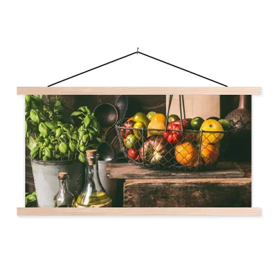 Produktbild von MuchoWow® Textilposter Gemüse - Kräuter - Rustikal - Stilleben - Basilikum 120x60 cm mit holzfarbenen Rahmen - Klemmleiste