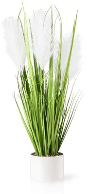 Obrázok produktu pre Dekoratívna umelá tráva Unyqoos® v bielej, vysoko kvalitnej keramickej váze – výška 56 cm, nenáročná dekoratívna tráva vhodná do obývačky a kancelárie