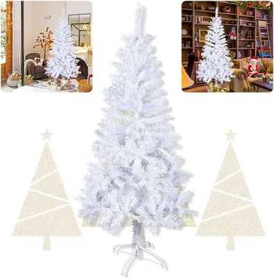 A collage of images showing a white artificial Christmas tree in different settings, including a room with a fireplace and a bookshelf-filled room. Two stylized Christmas tree graphics are also present.
