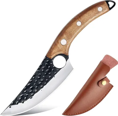 A kitchen knife with a wooden handle and a leather sheath.