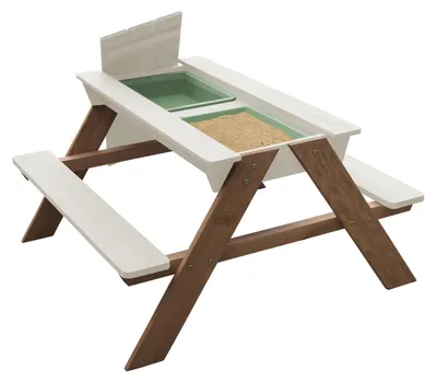 Produktbild von Sunny Dave Kinder Sand & Wasser Picknicktisch aus Holz - Beige | Wasserspieltisch & Sandtisch mit Deckel und Behältern | Kindertisch / Matschtisch für den Garten