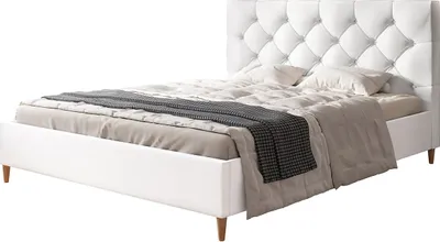 Produktbild von Polsterbett LUX BOSTON mit Kopfteil, 140 x 200 cm, Doppelbett mit Lattenrost aus Holz, Kunstleder Weiß, Füße in Farbe: Braun
