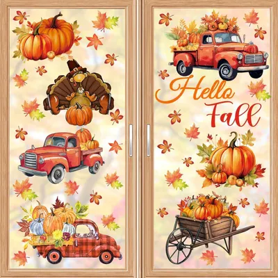 Image de Autocollants pour fenêtres sur le thème de l'automne : feuilles d'érable, citrouilles, décorations pour Thanksgiving, lot de 2